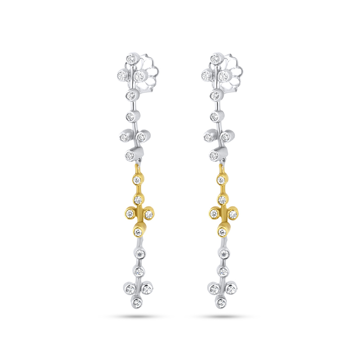 Δίχρωμα Χρυσά κρεμαστά σκουλαρίκια Κ14 με πέτρες ζιργκόν